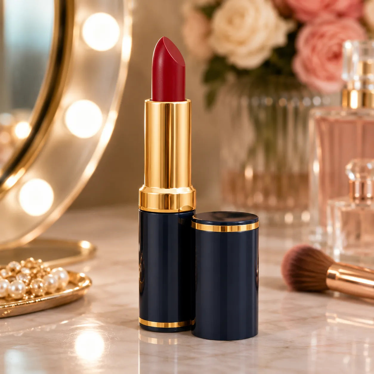 Burgundy matte lipstick with gold tube and black base, cap beside it