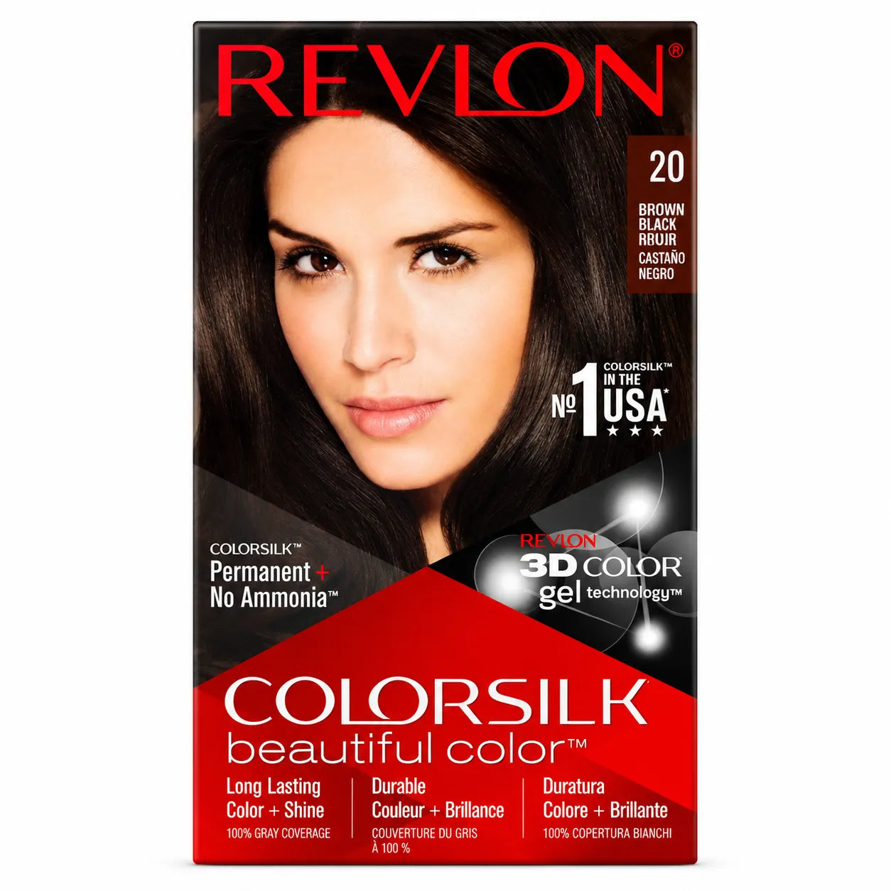 Hair color box, Revlon logo, shade 20, model face and 3D Color panel