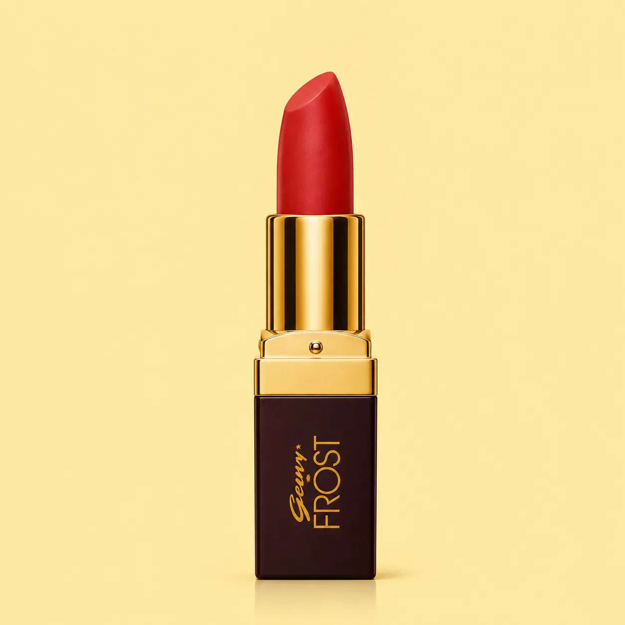 Red lipstick bullet in a gold case labeled Frost, Shade 345 Silver Sand.