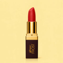 Red lipstick bullet in a gold case labeled Frost, Shade 345 Silver Sand.
