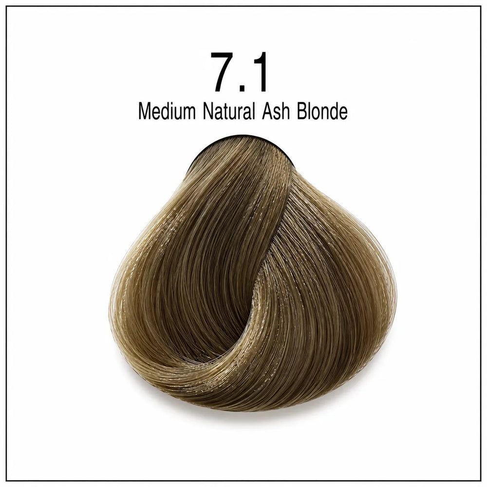 Hair color dye shade swatch 7.1 Medium Natural Ash Blonde, cool light brown ash tone