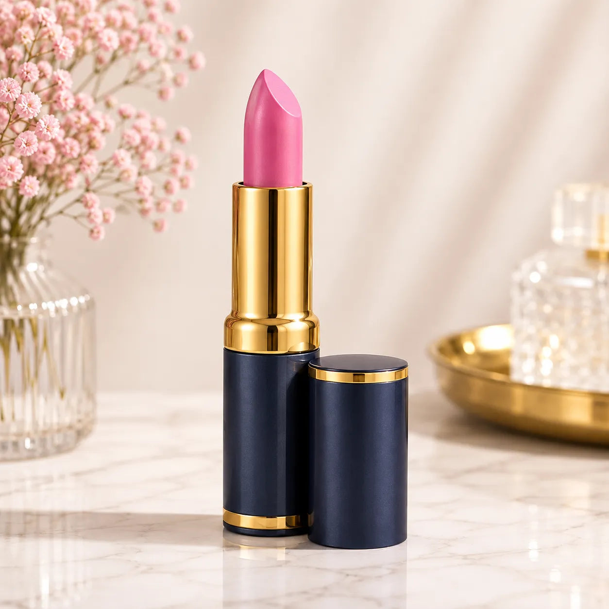 Pink matte lipstick with gold cap and navy tube, shade 247