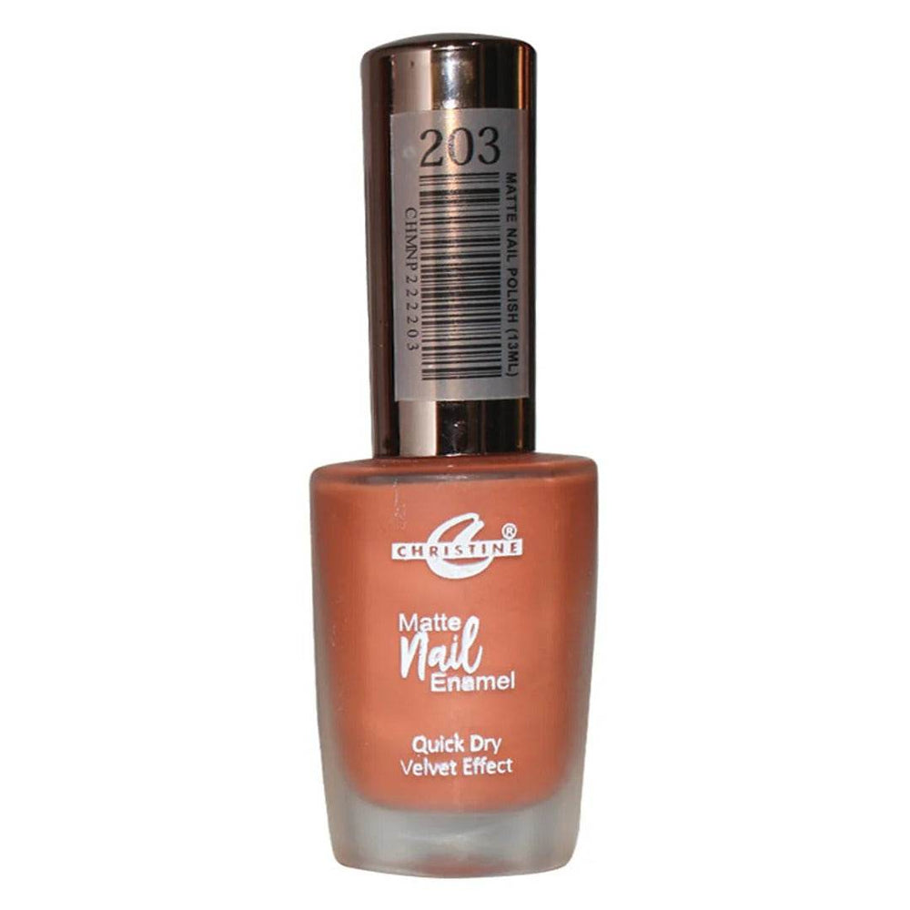 Christine nail polish 203 bottle with barcode label, peach matte velvet quick dry.