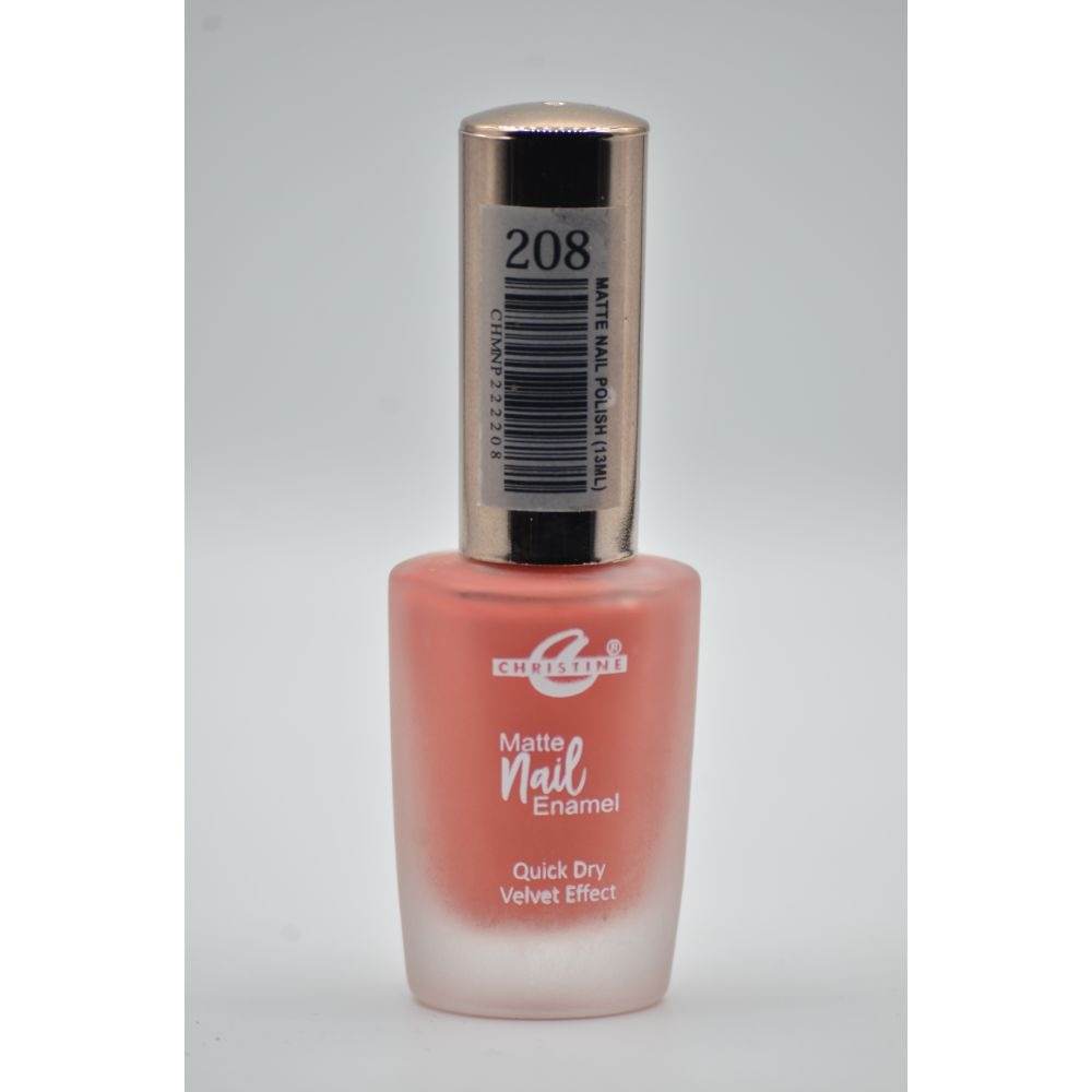 Christine nail polish bottle 208 with matte finish, dusty rose shade, barcode label