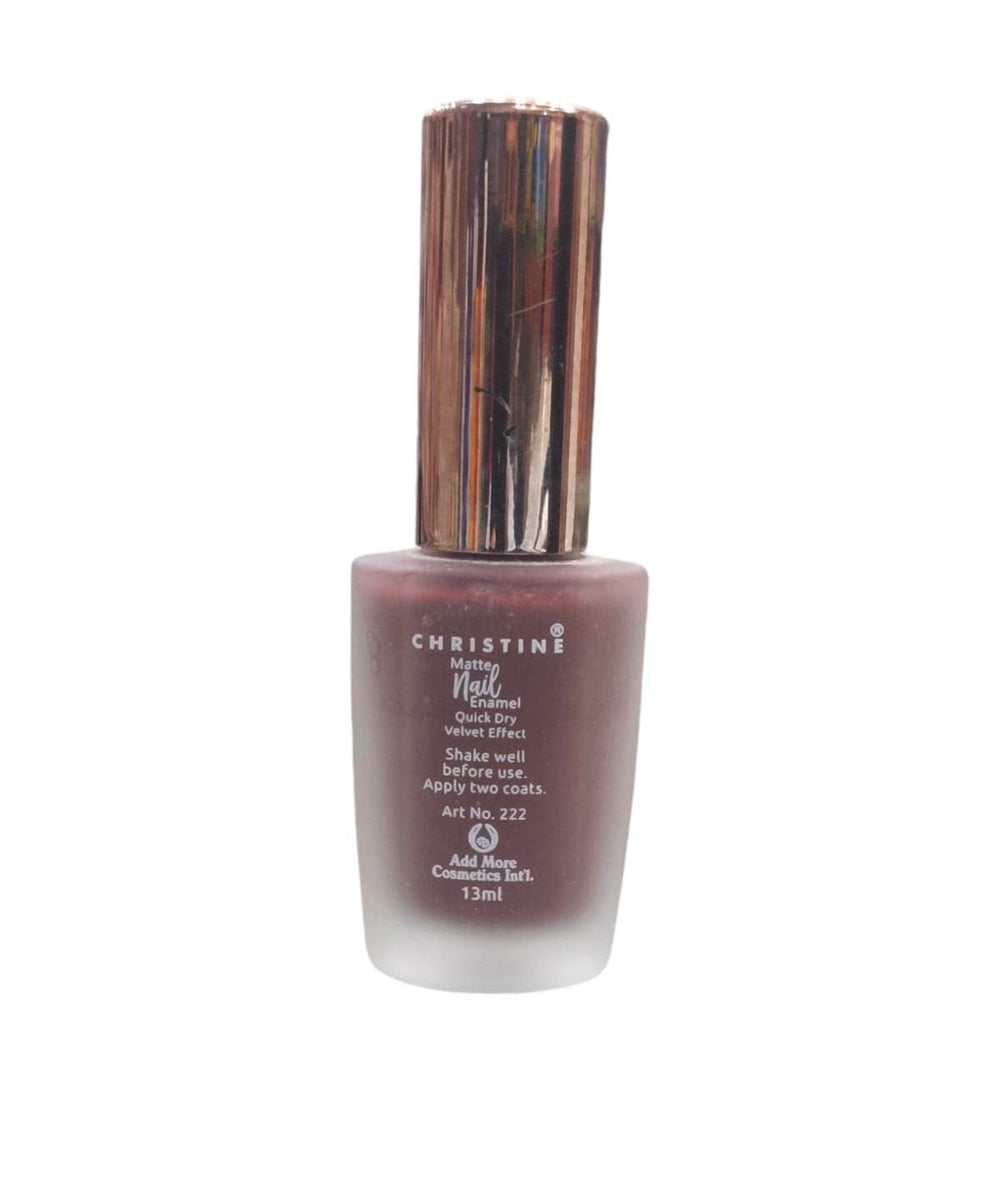 Christine nail polish bottle with matte velvet-effect label and dark mauve color, 13 ml