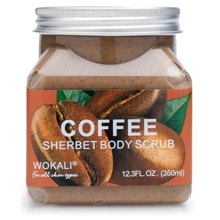 Coffee body scrub jar with label, closed lid, beige scrub visible