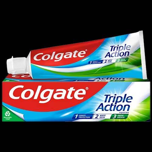 Colgate Triple Action toothpaste tube with red, white, and teal design