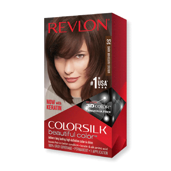 Revlon Colorsilk hair color box 32 dark chocolate brown, angled front