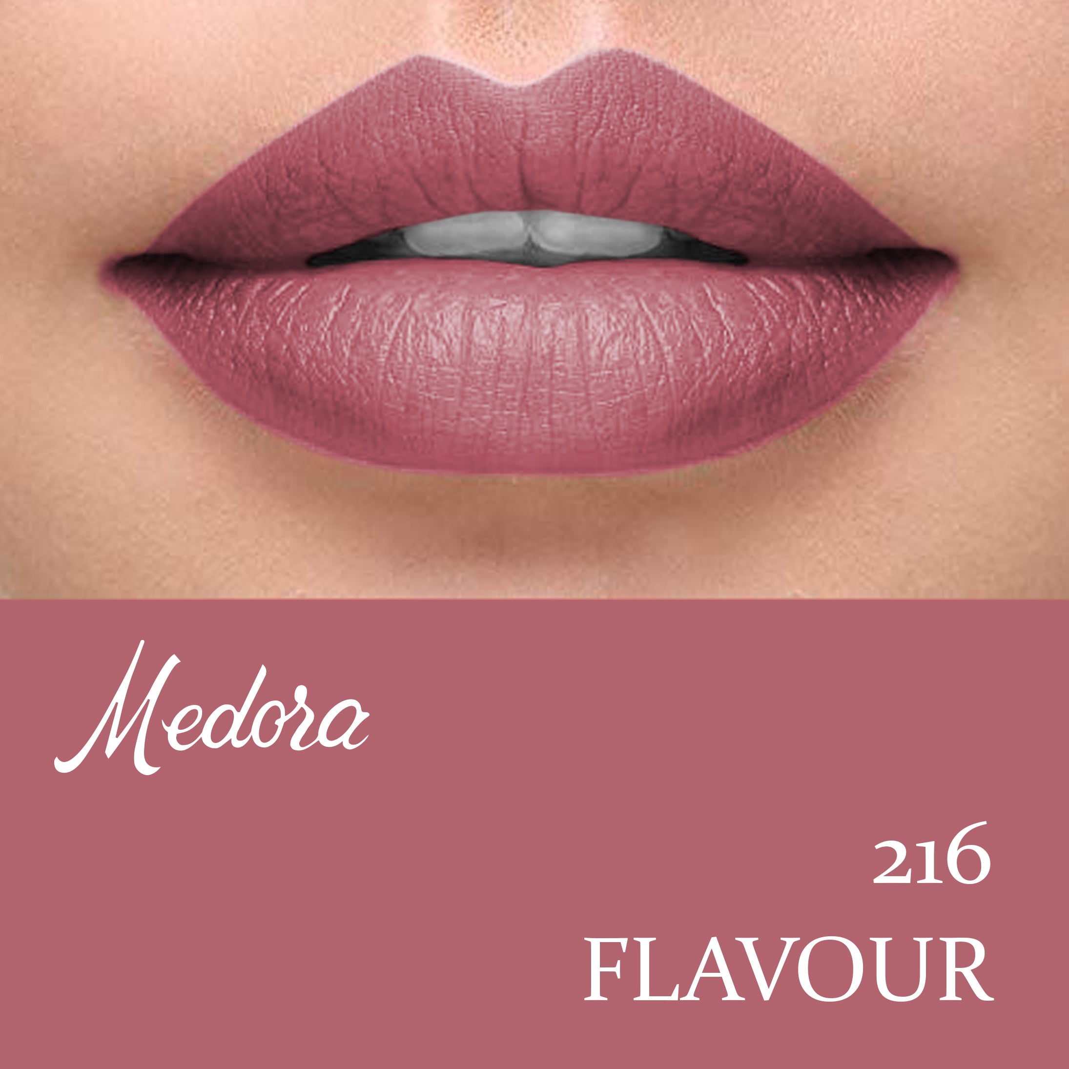 Mauve pink lipstick on lips with defined matte finish