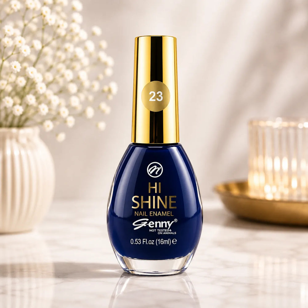 Blue nail enamel bottle, gold cap with 23 label and glossy rounded glass.