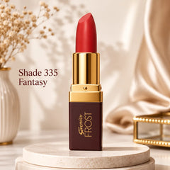 Red lipstick in gold case, standing on a round pedestal.