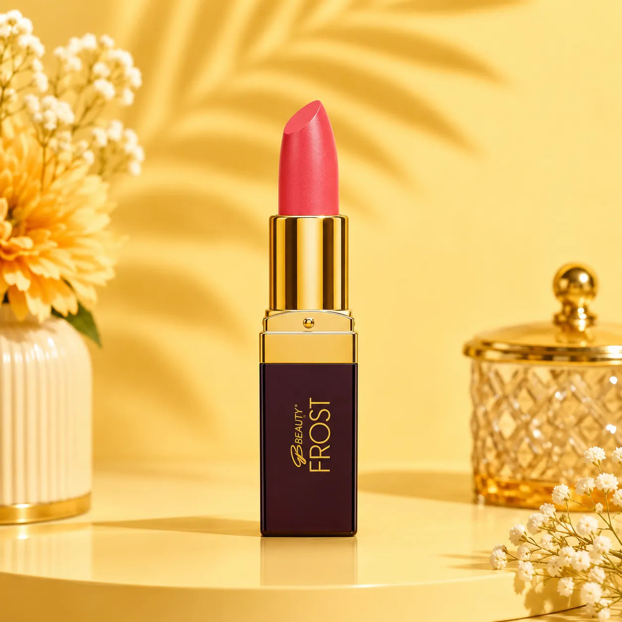 Pink lipstick in gold tube with capped bullet, Frost label on dark rectangular base