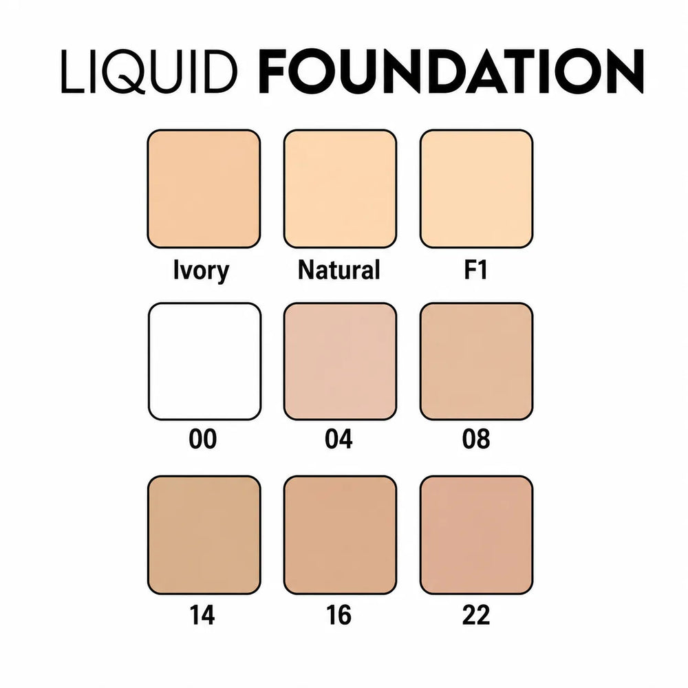 Liquid foundation shade swatches: Ivory, Natural, F1, 00, 04, 08, 14, 16, 22