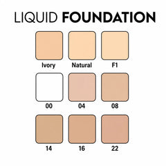 Liquid foundation shade swatches: Ivory, Natural, F1, 00, 04, 08, 14, 16, 22