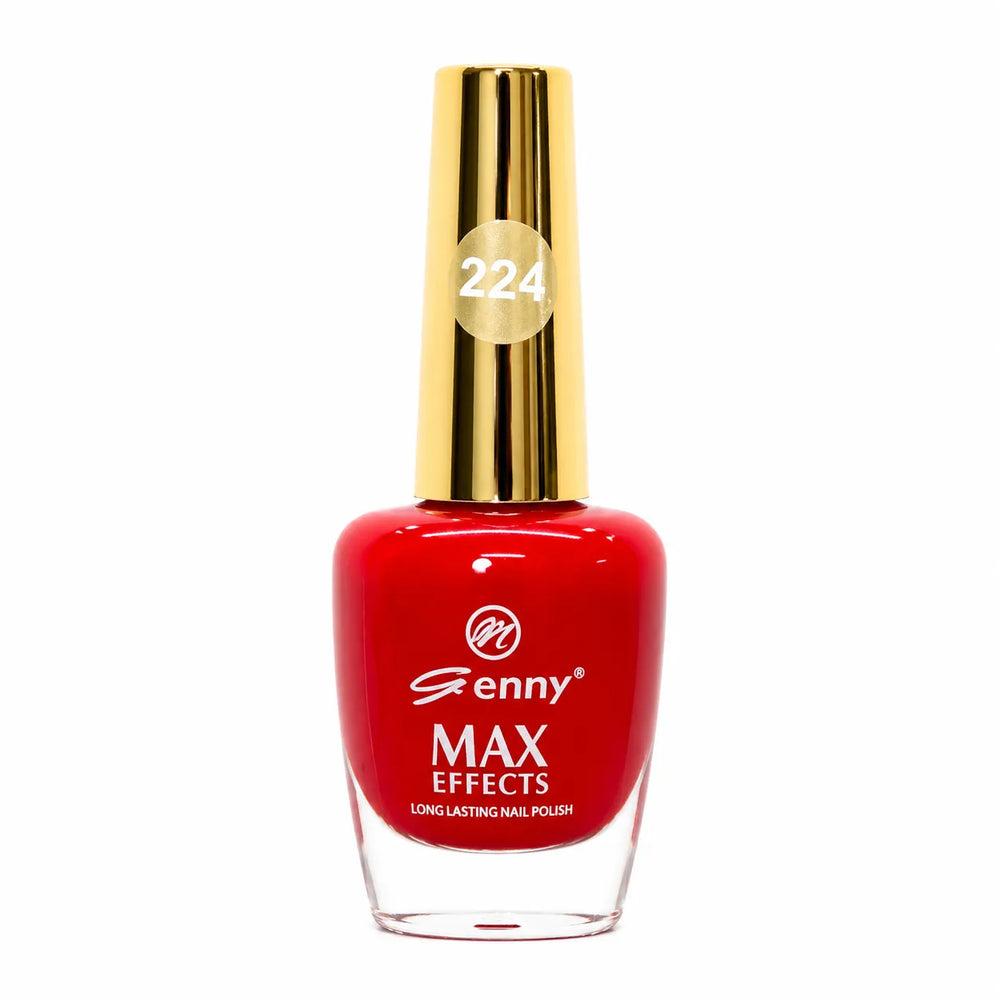 Genny MAX Effects nail polish bottle with gold cap and glossy deep red finish