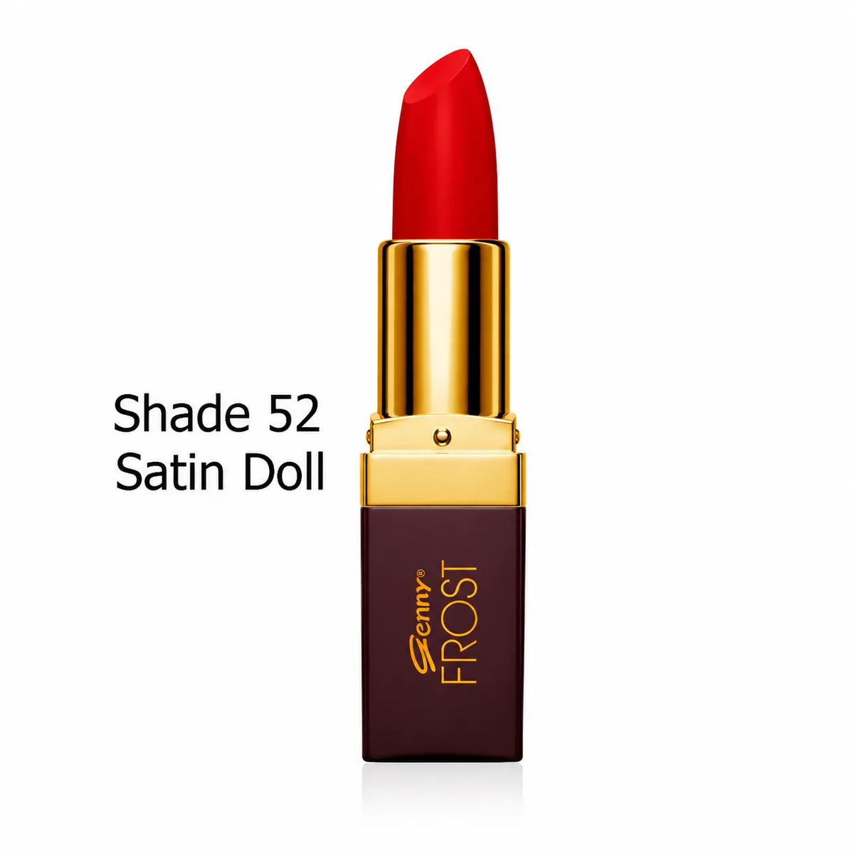Shade 52 Satin Doll lipstick, red bullet with gold cap on burgundy base