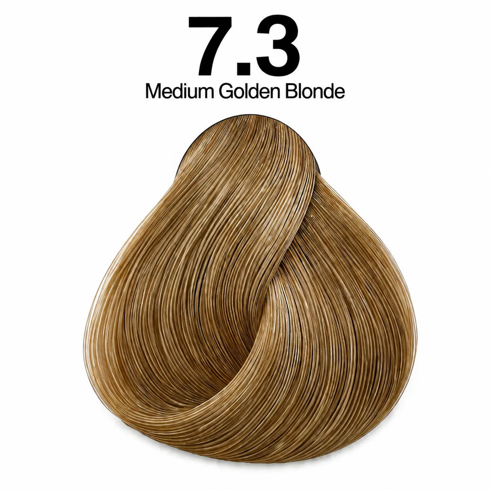 Hair color dye shade swatch 7.3 Medium Golden Blonde, warm golden-brown blonde tone