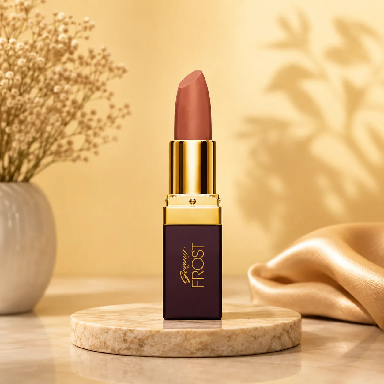 Terracotta lipstick in gold case on round stone base