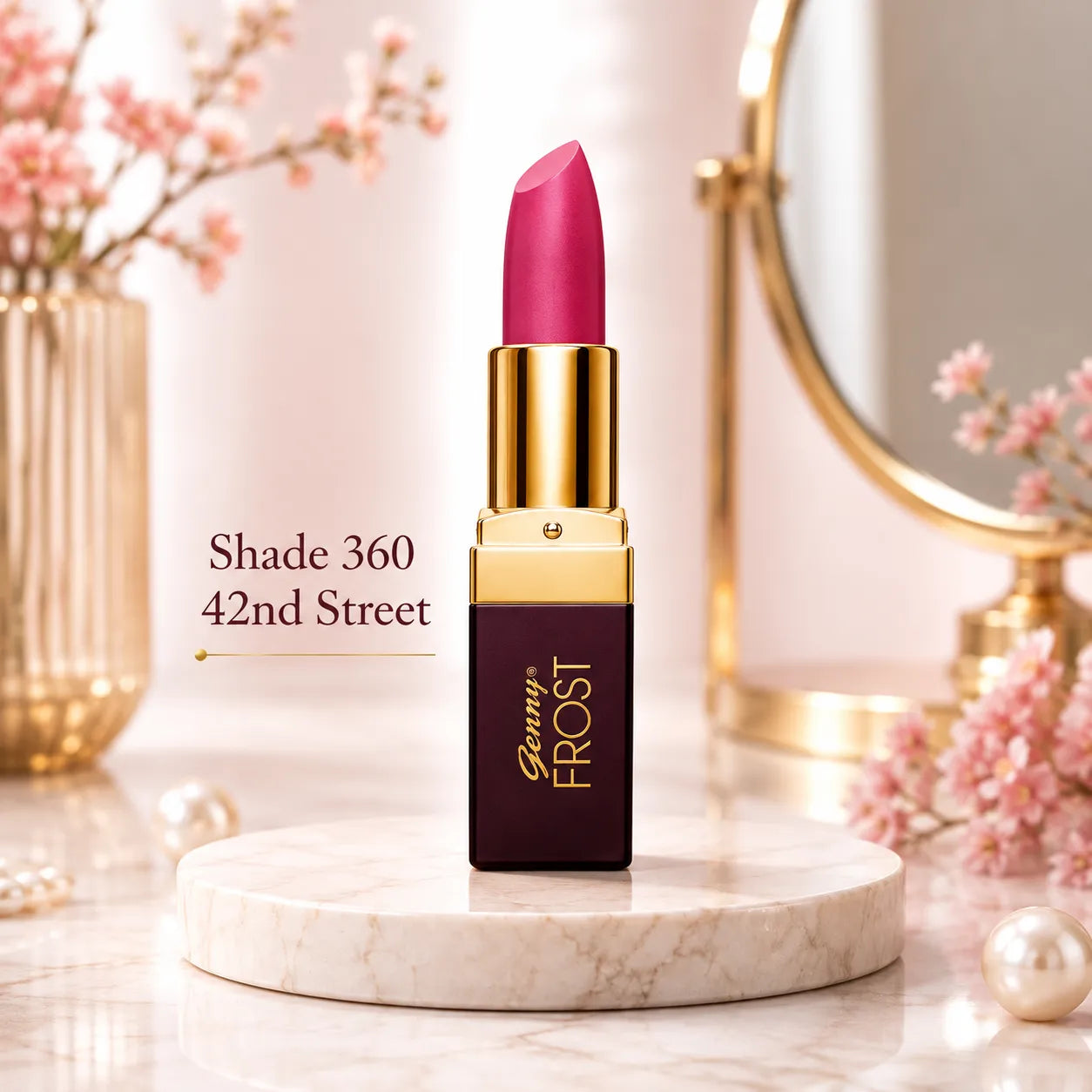 Shade 360 lipstick, 42nd Street, pink-mauve bullet in gold-capped tube