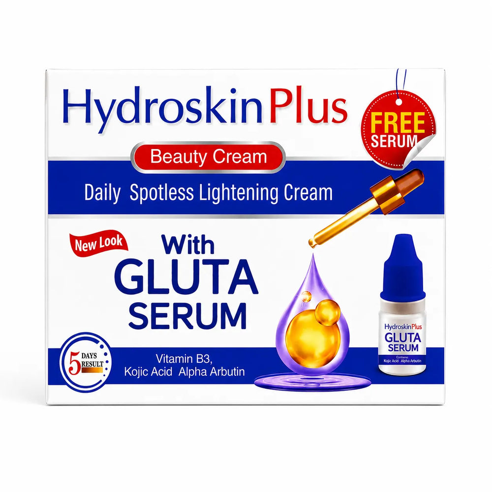 HydroskinPlus Daily Spotless lightening beauty cream package, includes free Gluta serum