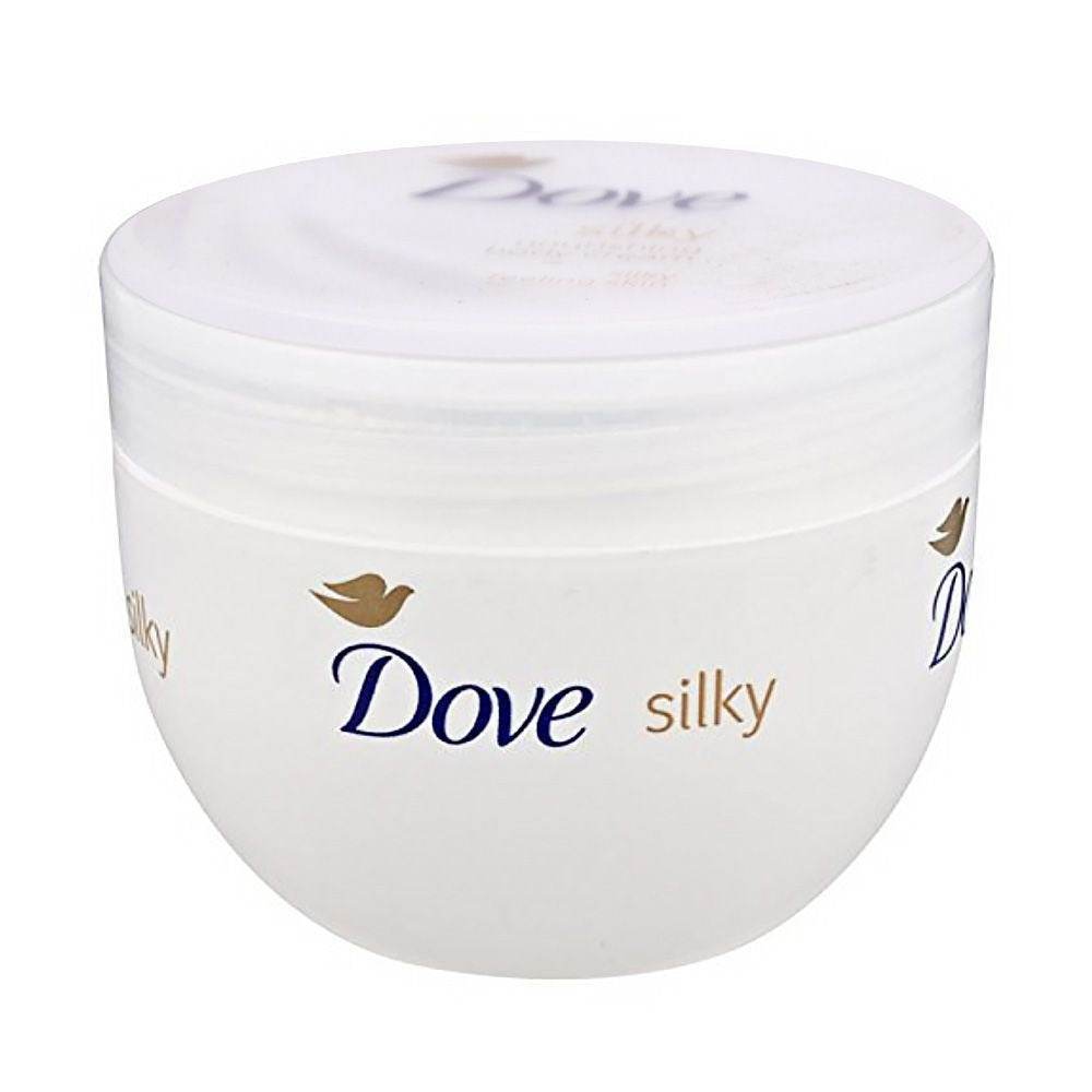 Dove body cream jar showing Silky logo and text on front