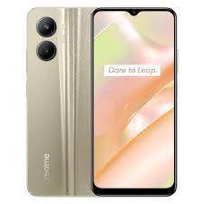 Smartphone with silver back, dual cameras, front screen, and 'realme' branding