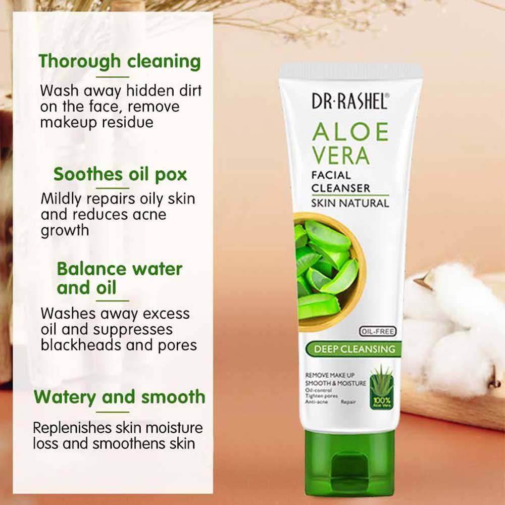 Aloe vera facial cleanser tube with green cap and aloe-leaf graphic, oil-free