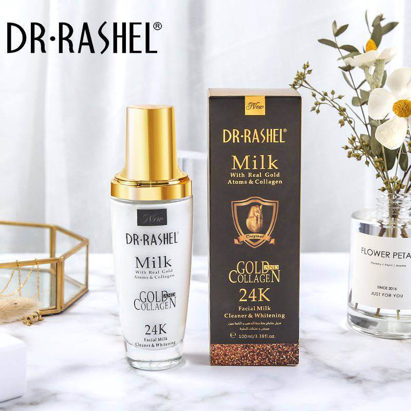24K gold collagen facial milk cleanser bottle with box, gold cap