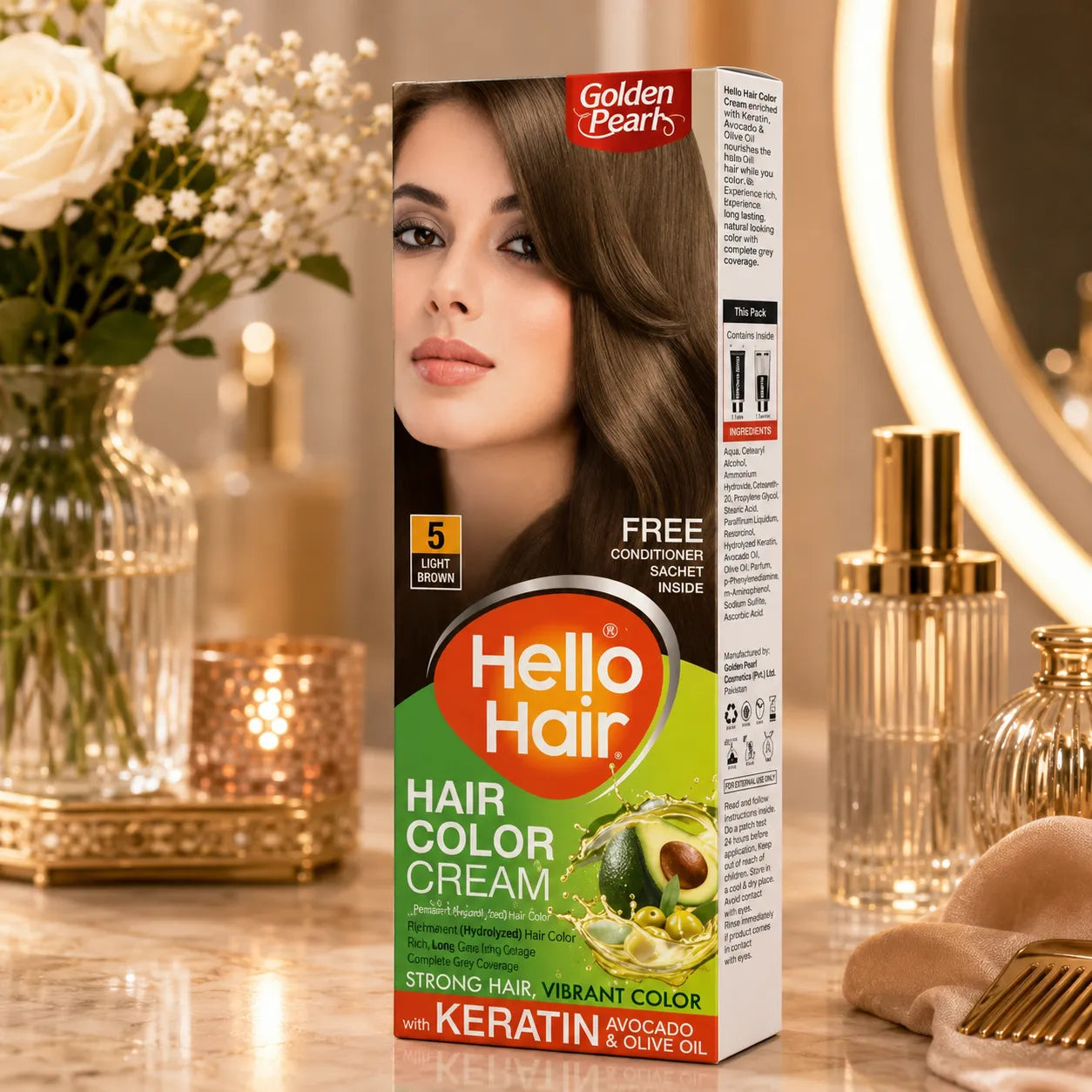 Hello Hair hair color cream box, shade 5 Light Brown, free conditioner inside