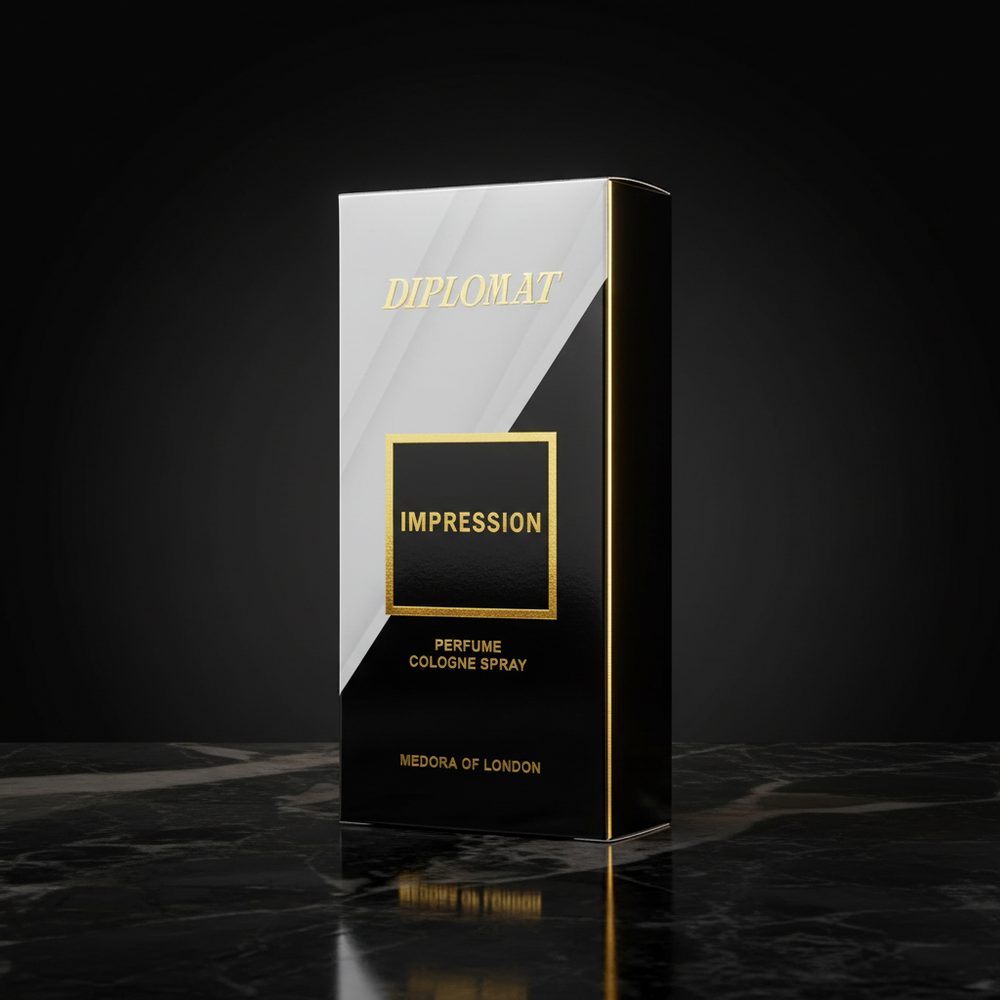 Diplomat Impression perfume cologne spray box with gold side trim and framed label