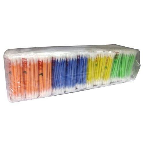 Ear cleaning cotton buds in clear plastic case with color-coded tips