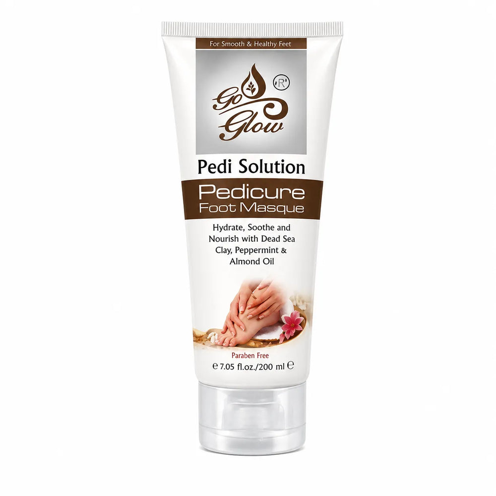 White pedicure foot masque tube with clear base and Go4Glow branding