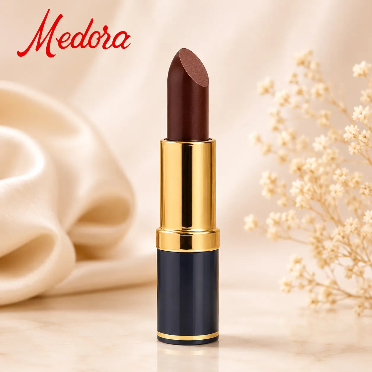 Dark berry lipstick in gold tube with cap open, on light background