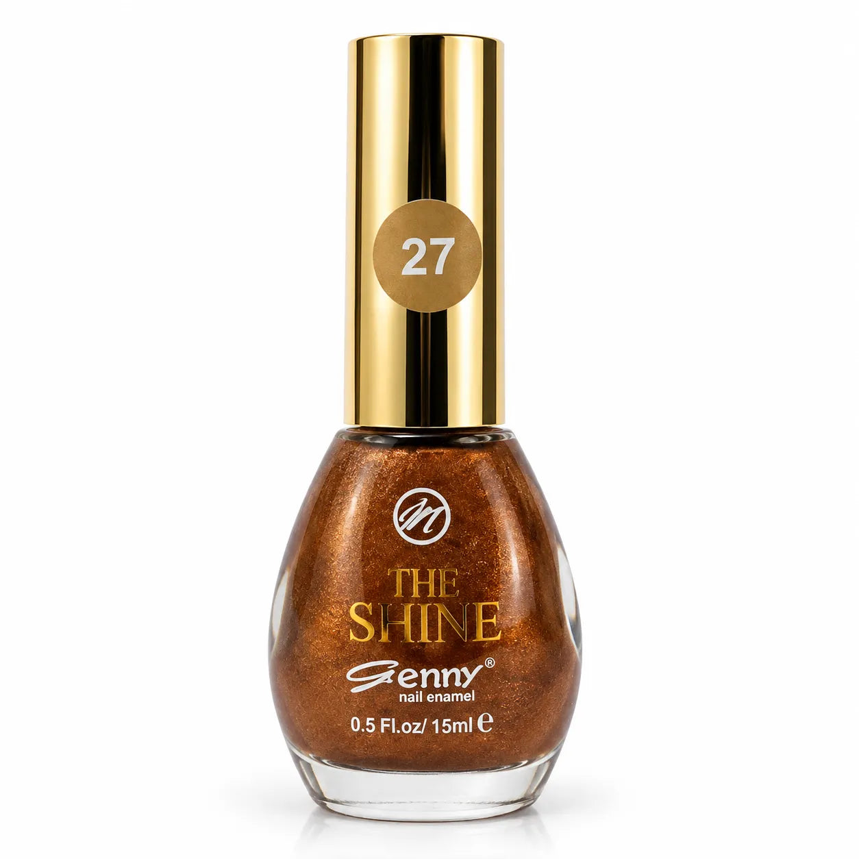 Bronze shimmer nail polish bottle with gold cap and label 27