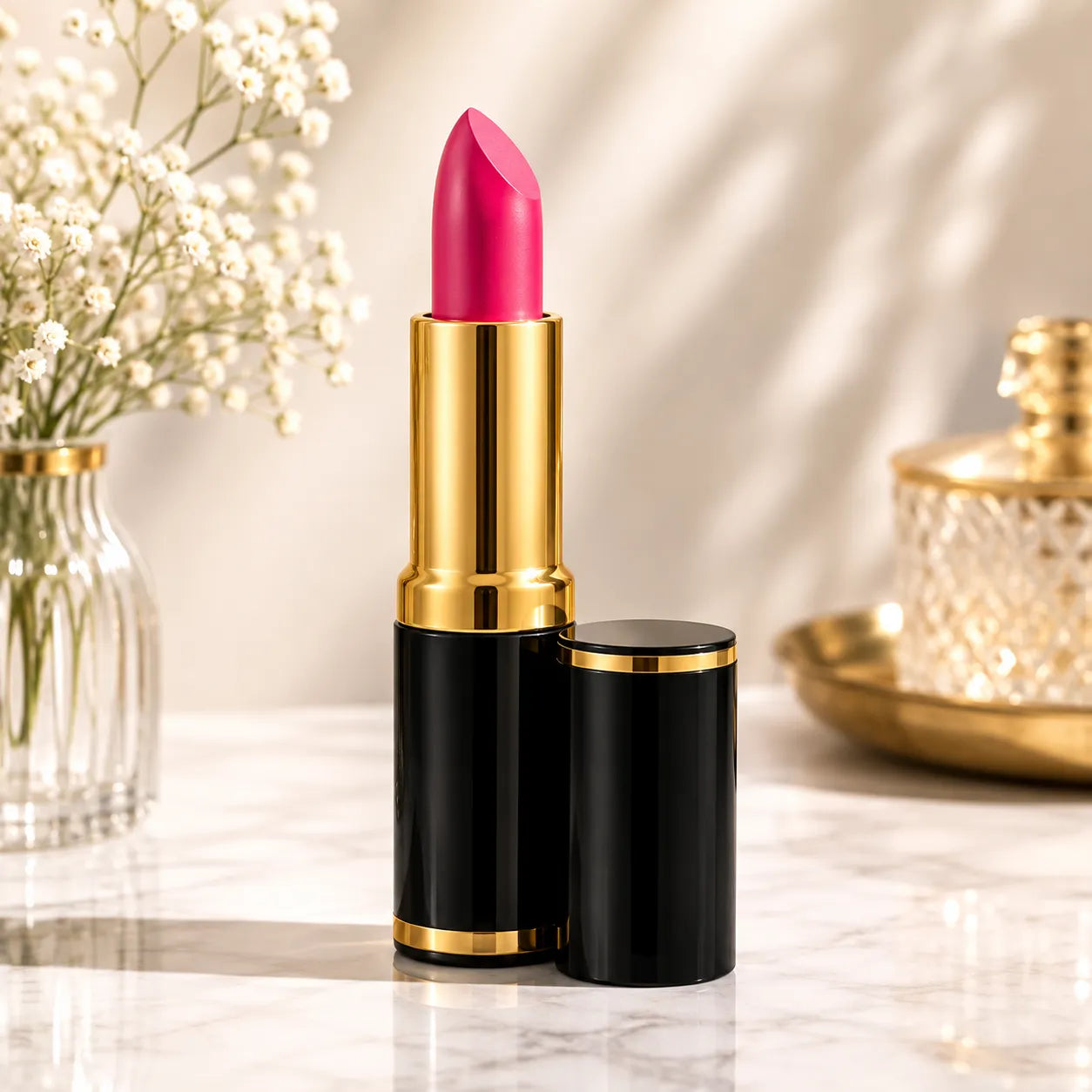 Medora glossy lipstick bullet in fuchsia pink with gold base and black tube