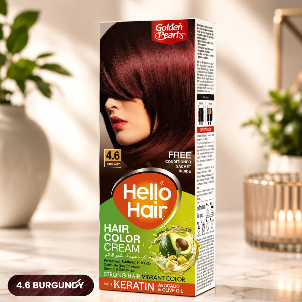 Burgundy hair color cream box with shade 4.6 and red-haired model side profile