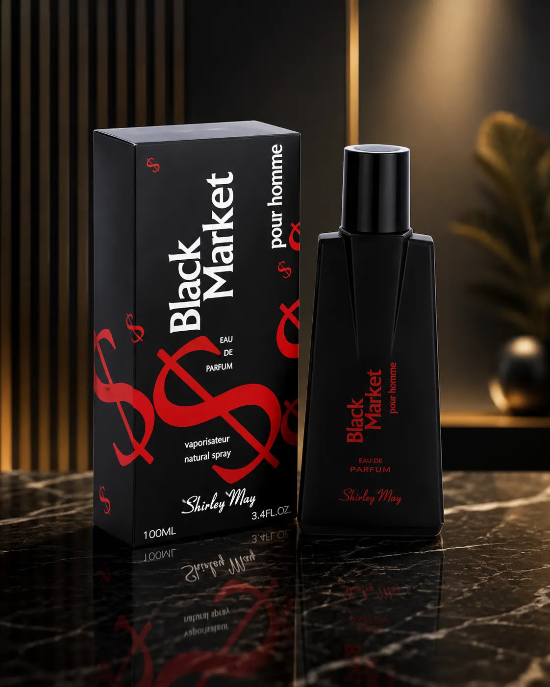 Black men's perfume bottle with spray cap beside 100ml box, front view