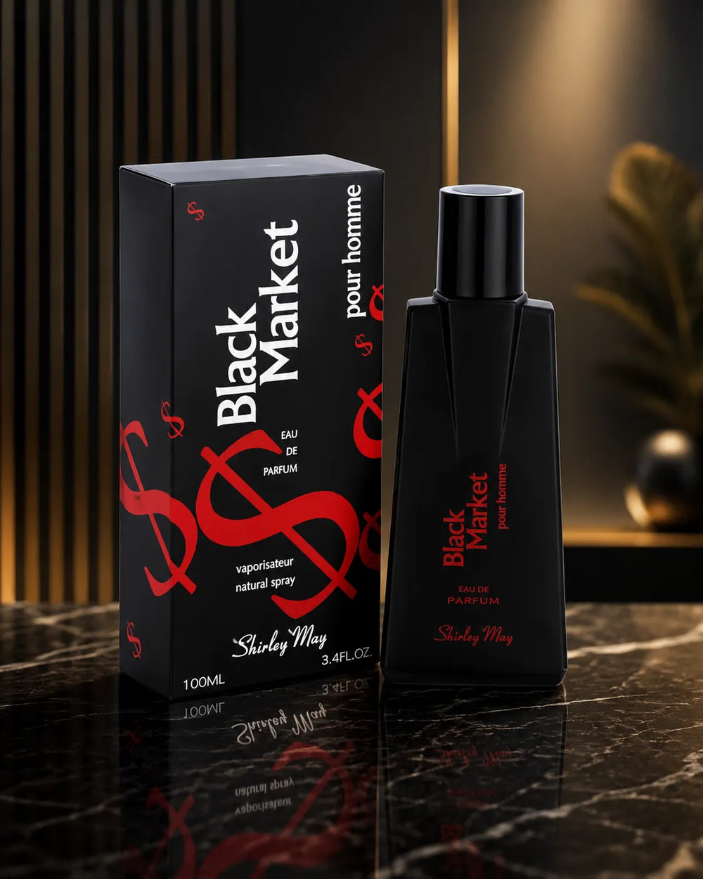 Black men's perfume bottle with spray cap beside 100ml box, front view