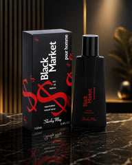 Black men's perfume bottle with spray cap beside 100ml box, front view