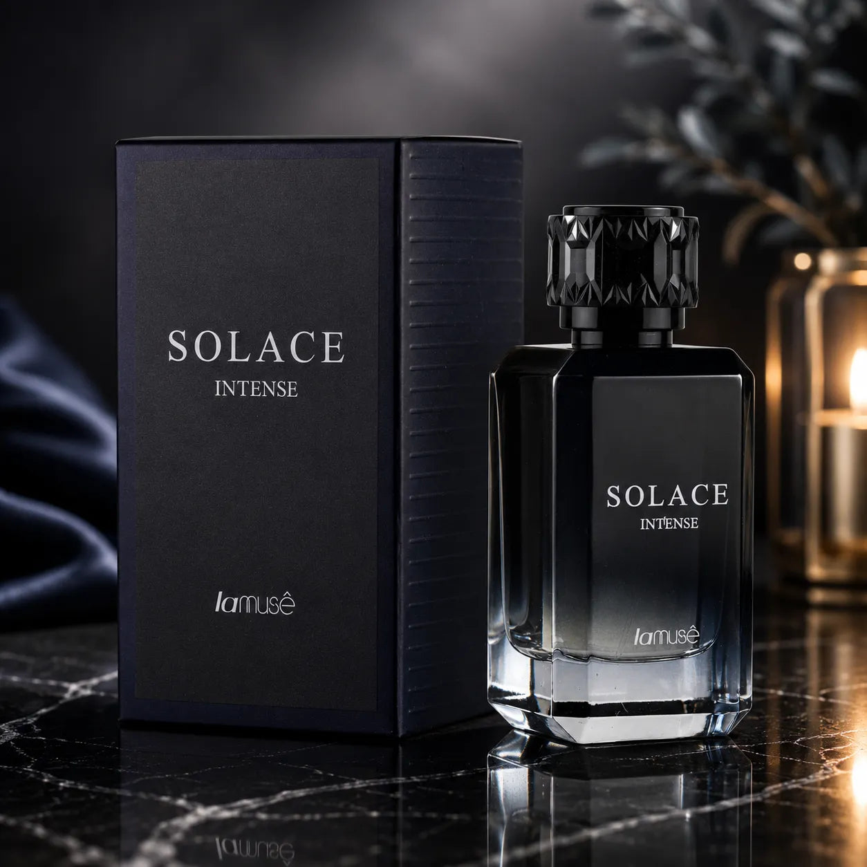 Perfume bottle and box, black Solace Intense fragrance, 100 ml.