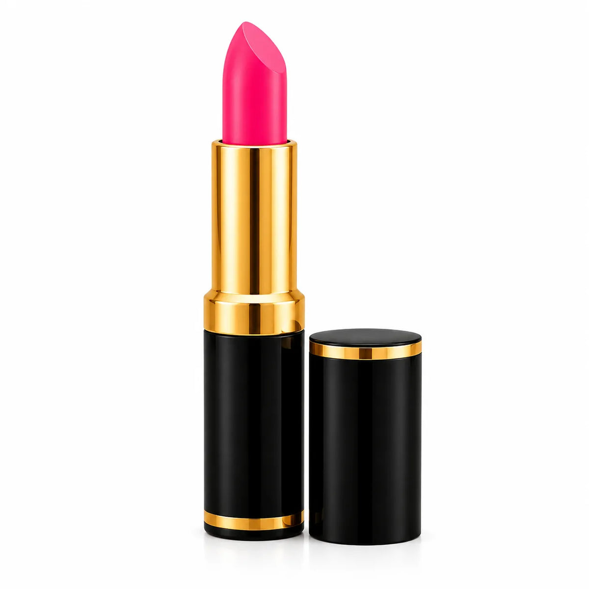 Medora glossy lipstick with fuchsia pink bullet and black cap with gold trim
