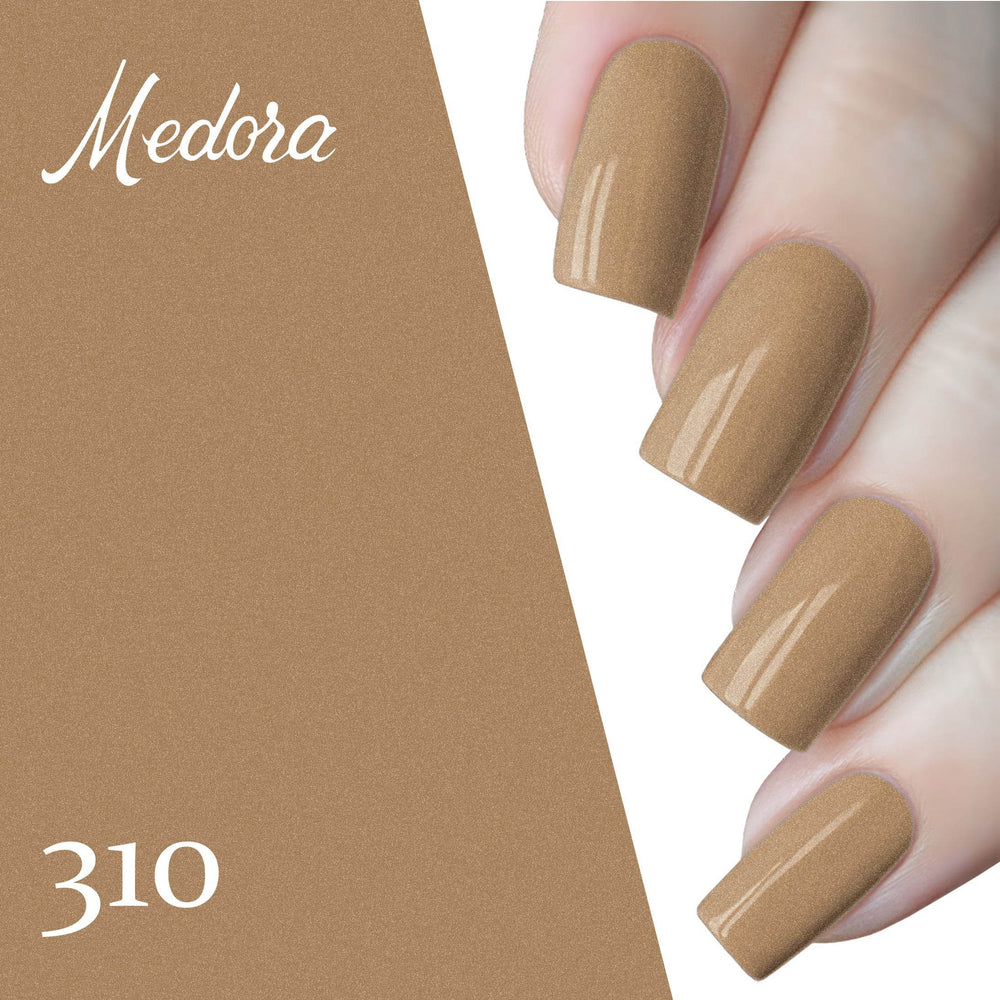 Nail polish swatch set showing shade 310, metallic taupe-brown on four nails