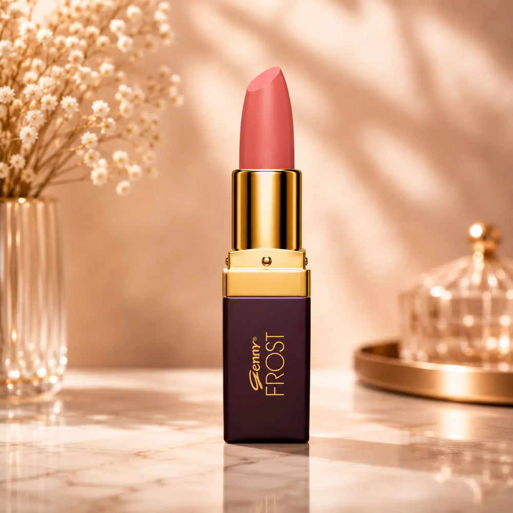 Rose-coral lipstick with gold cap and base, shade 38