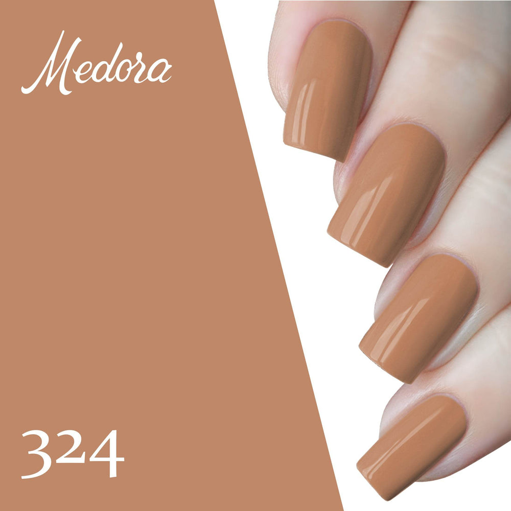 Nail polish on fingers, warm caramel brown nude manicure, shade 324
