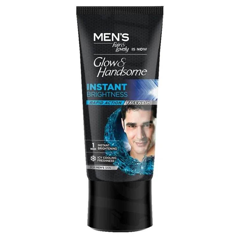 Men's instant brightening face wash tube, black with blue water splash, Glow & Handsome.