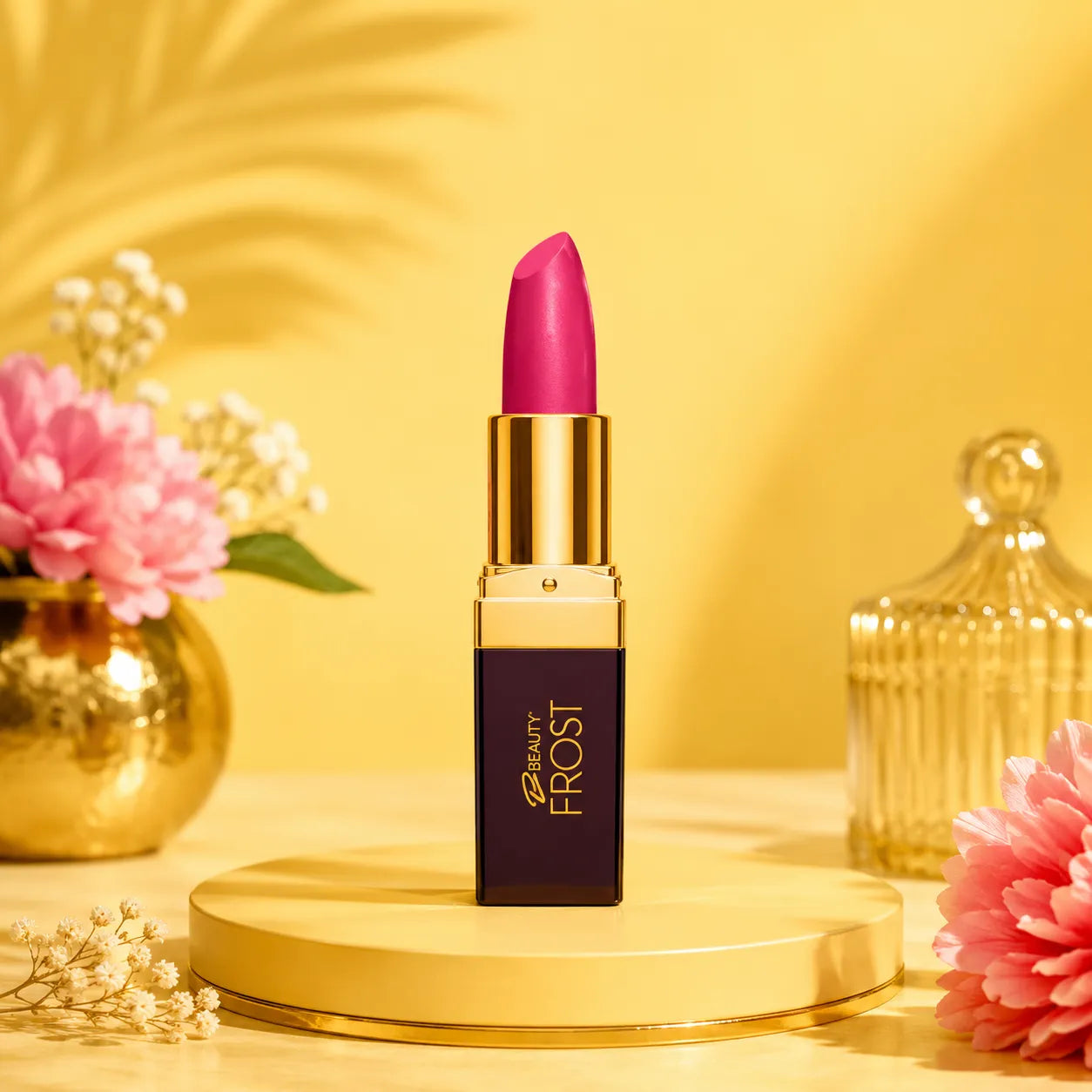 Pink magenta lipstick in gold tube with Beauty Frost label and capped bullet top