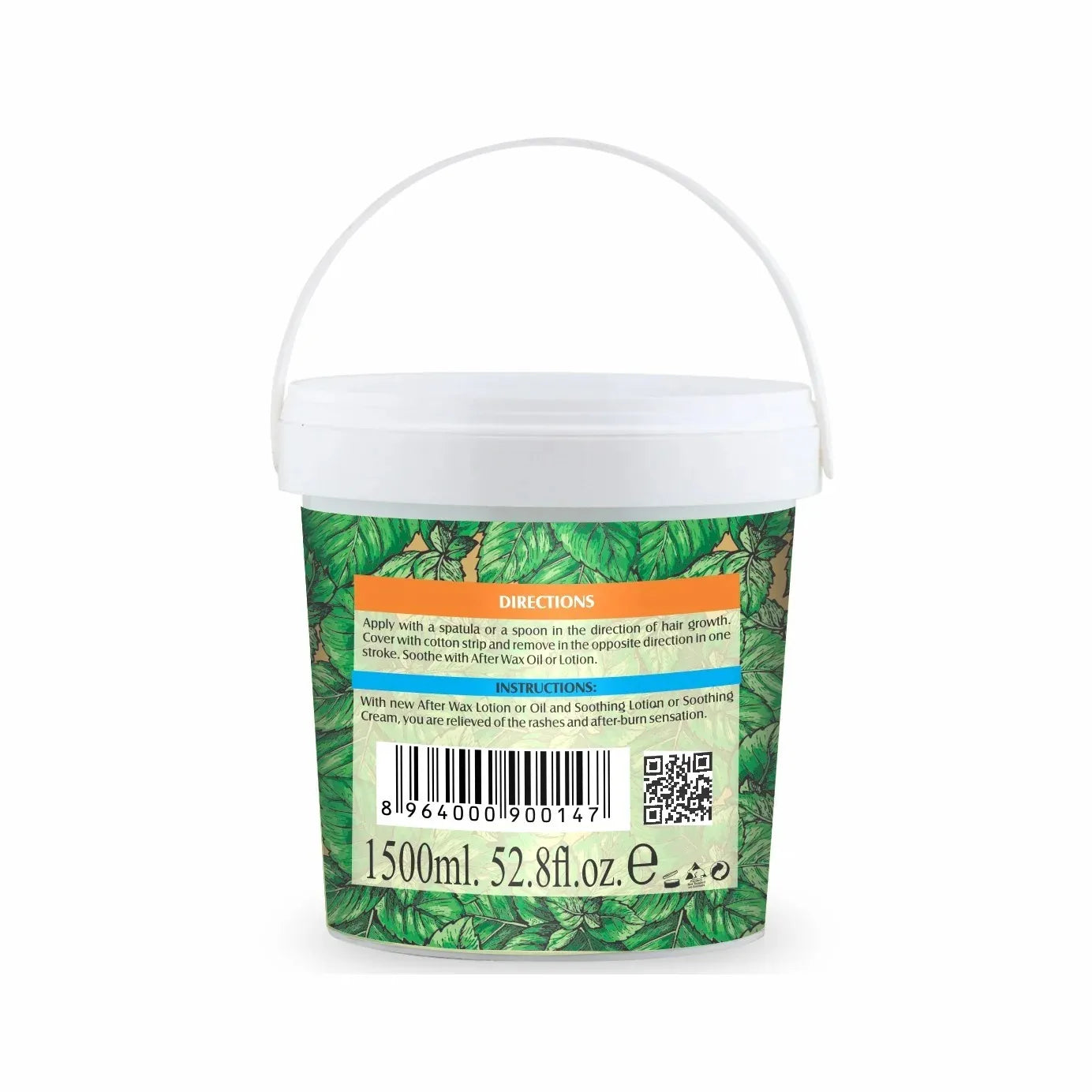 Hair removal wax tub back panel with barcode, white lid and green leaf design