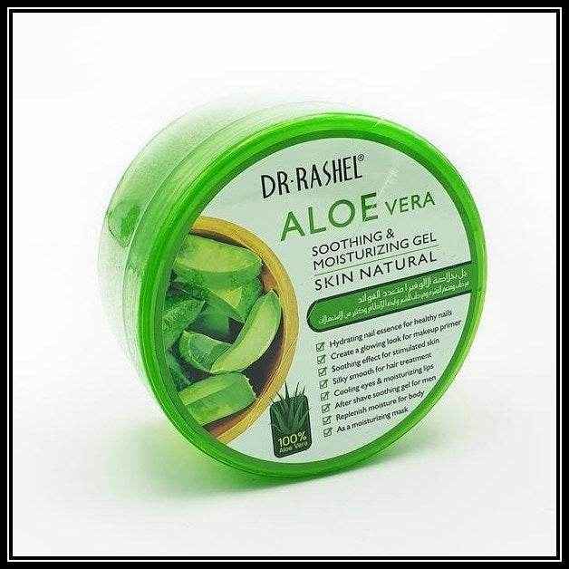 Dr Rashel Aloe Vera gel jar with front label and aloe leaf graphics