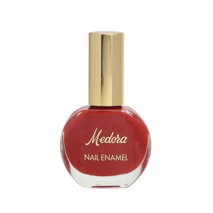 Red nail enamel bottle with gold lid and Medora label