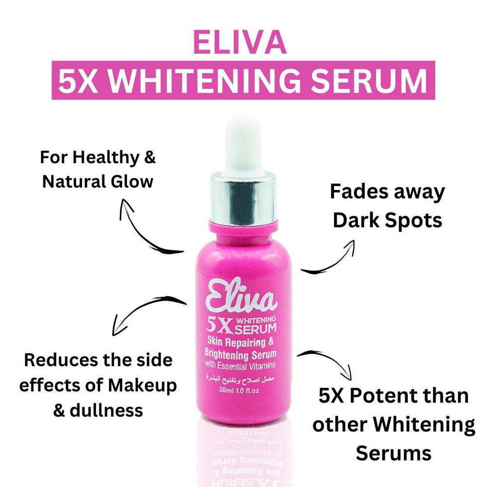 Eliva 5X whitening serum bottle with clear dropper, pink label and gold cap